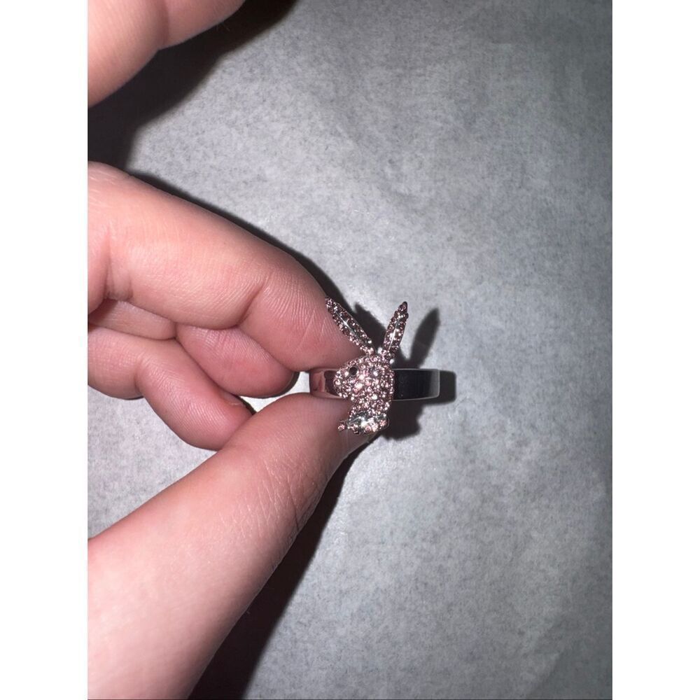 Playboy Pink Rhinestone Logo Ring in Silver